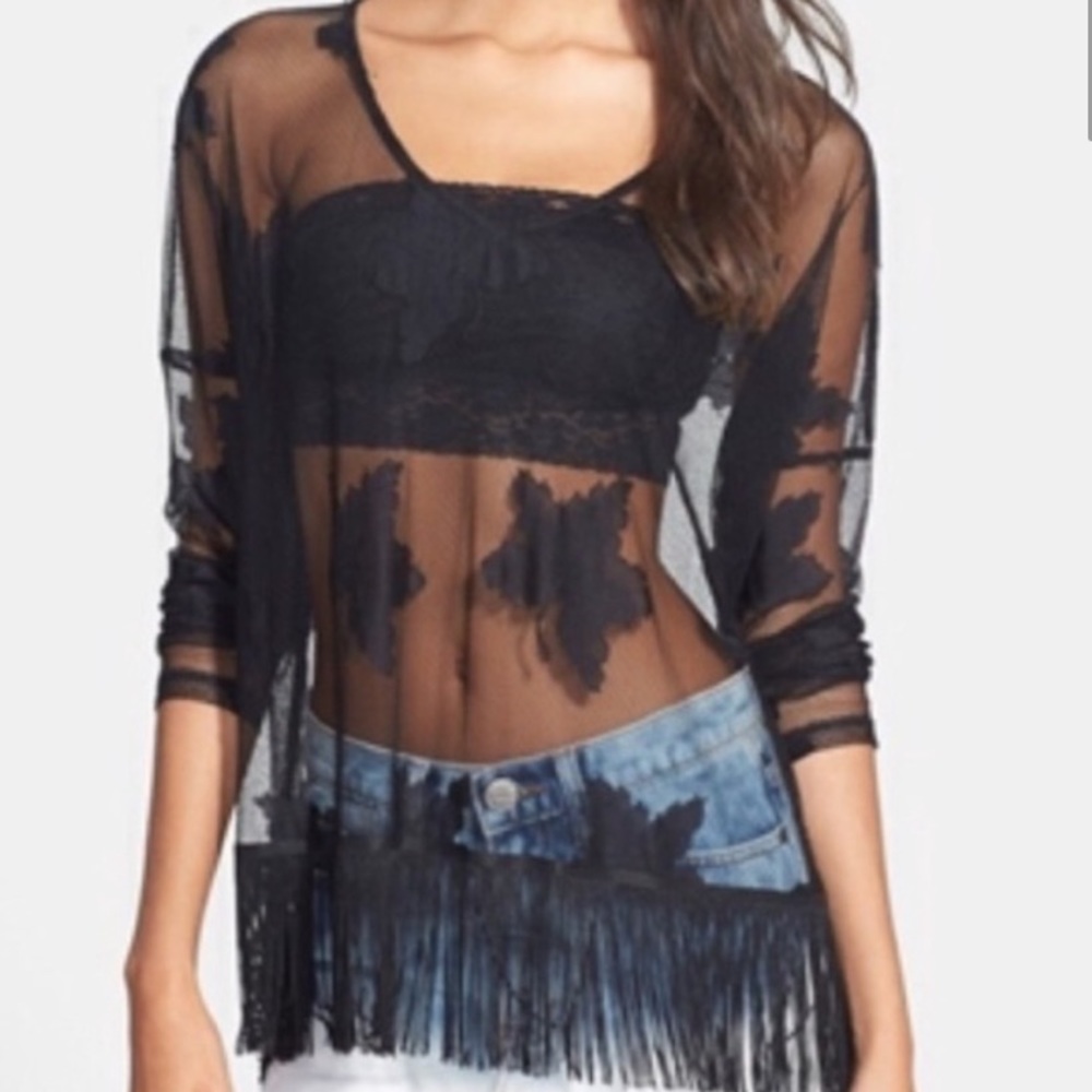 ASTR Black Sheer Leaf Print Fringe Top - Picture 1 of 12